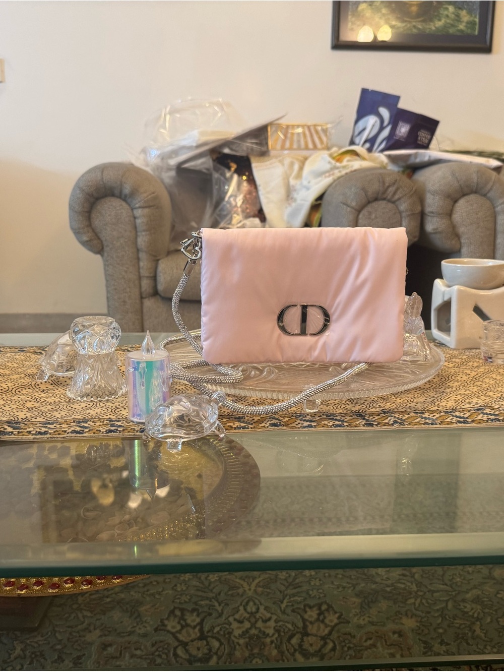 Dior Light Pink Satin Clutch with glitter  Silver Chain Detail - Picture 4 of 16